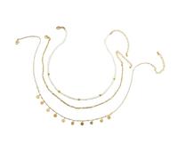 Set di 3 collane in acciaio inossidabile dorato e perle bianche, nappine rotonde, 38/45 cm, 32/39 cm, 46/53 cm, gioielli donna fantasia, accessorio alla moda boho chic, Unique, Lega di acciaio,