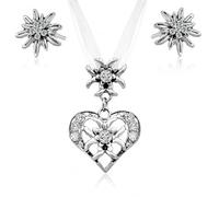 Set di 3 collane tradizionali da donna a forma di cuore, per Oktoberfest | Ciondolo a forma di stella alpina e cuore, regolabile da 32 a 40 cm, flanella con strass