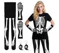 Set di 3 collant da donna per Halloween, collant con scheletro e guanti con orecchini fantasma, leggings horror per Halloween,costume scheletro, accessorio donnaHalloween,Giorno dei Morti,Carnevale
