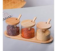 Set di 3 contenitori per spezie, 300 ml, con cucchiaio, coperchio in bambù e base, portaspezie, in vetro borosilicato per conservare spezie, tè, caffè, zucchero