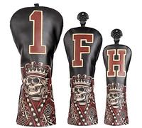 Set di 3 coperture per mazze da golf in legno, 1FH DR FW UT per driver Fairway Hybrid con chiusura elastica n. Tag, in pelle sintetica nera, scheletro King