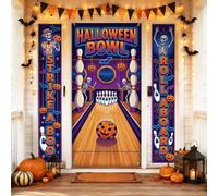 Set di 3 coperture per porta d'ingresso a tema scheletro di bowling | tema bowling, striscioni verticali, accenti zucche, motivi pipistrelli, illustrazione fantasiosa, decorazione stagionale