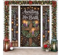 Set di 3 coperture per porta d'ingresso con citazione natalizia a tema | Croce in legno, striscioni verticali, corona dell'Avvento, stile rustico, sentimento religioso per le vacanze