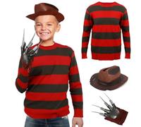 Set di 3 costumi da Freddy per bambini, maglione, cappello, artiglio, guanto, killer, a righe rosse e verdi, per Halloween, cosplay, costume per ragazzi e ragazze, età 3-14 anni