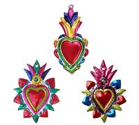 Set di 3 Cuori Color 1, in metallo, artigianato messicano, da appendere, alto cm 14,5 (cuore centrale)