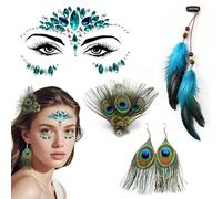 Set Di 3 Decorazioni Con Piume Di Pavone, 1 Adesivo Per Il Viso Con Diamante Verde, Orecchini E Forcina Con Piume Retrò, Adesivo Decorativo In Maschera.