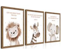 Set di 3 decorazioni da parete per cameretta cristiana, senza cornice, a tema giungla, safari, cameretta dei bambini, stampe su tela, motivo: elefante, leoni, zebra, opere d'arte per bambini, 20,3 x