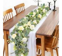 Set di 3 decorazioni da tavolo per matrimoni, tra cui 2 ghirlande di fiori di eucalipto e runner da tavolo in garza da 89,9 x 180,1 cm, decorazione bianca con ghirlanda floreale