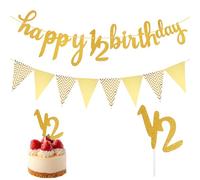 Set di 3 decorazioni pre-infilate per metà compleanno, include striscione glitterato per 6 mesi di buon compleanno, striscione con bandierine, 1/2 topper per torta per metà anno, baby shower