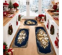 Set di 3 eleganti tappeti da cucina natalizi con campane dorate e fiocchi | Fiocchi dorati, tappeto per lavello da cucina, accenti floreali, base blu navy, runner per pavimento della cucina