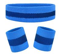 Set di 3 fasce per il sudore per bambini, in cotone atletico, per lo sport, assorbe il sudore, 3 pezzi (1 fascia + 2 polsiere) (blu)