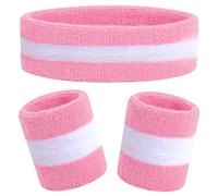 Set di 3 fasce per il sudore per bambini, in cotone, per sport, assorbe il sudore, 3 pezzi (1 fascia + 2 polsiere) (rosa + bianco)