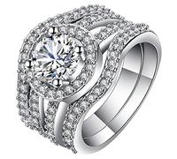 Set di 3 fedi nuziali moderne, anelli da donna alla moda, placcati in oro bianco, con inserti circolari a quattro zampe, cocktail party, elegante regalo, 20 (19,1), Zirconia cubica