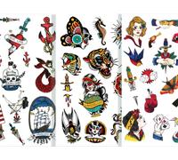 Set di 3 Fogli di Tatuaggi Temporanei Tatsy - Sailor, Vintage e Old School, 47 Design Unici per Uomo e Donna, Body Art con Tatuaggi Finti per Feste, Eventi e Divertimento
