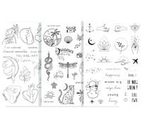 Set di 3 Fogli di Tatuaggi Temporanei Tatsy - Simple, Natural e Hippie, 69 Design Unici per Uomo e Donna, Body Art con Tatuaggi Finti per Feste, Festival, Eventi e Uso Quotidiano