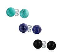 Set Di 3 Grandi Orecchini A Perno Sfera Con Perle Rotonde In Pietra Preziosa Di Lapislazzuli Turchese E Onice Naturale Da 10 MM In Argento Sterling .925 Per Donne Adolescenti
