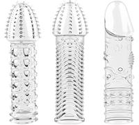 Set di 3 guaine indossabili, realizzate in morbido silicone trasparente rinforzato, riutilizzabili, per un massaggio intenso e per migliorare la funzione erettile