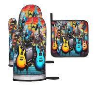 Set di 3 guanti da forno e presine con stampa 3D a forma di chitarra, guanti da forno a microonde isolati per cucina, cucina, forno, barbecue, grigliate