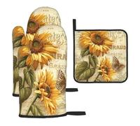 Set di 3 guanti da forno e presine con stampa di girasole - 3 pezzi - guanti da forno riscaldanti per cuocere, cucinare, grigliare