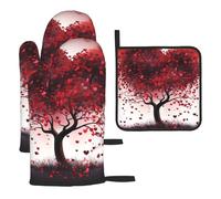 Set di 3 guanti da forno e presine resistenti al calore fino a 260 °C, guanti da forno e cuscinetti caldi, guanti da cucina rossi con cuore e albero, presine per cottura alla griglia
