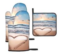 Set di 3 guanti da forno e presine resistenti al calore fino a 260 °C, guanti da forno e cuscinetti caldi, guanti da cucina a forma di cuore, guanti da cucina romantici da spiaggia, presine per