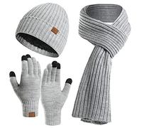 Set di 3 guanti invernali unisex con cappello e sciarpa a maglia calda, guanti touchscreen, sciarpa lunga, per uomini e donne, grigio, Taglia unica