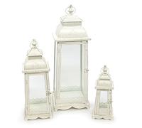 Set di 3 Lanterna "Lugano", colore bianco crema anticato, in metallo, a base esagonale, con decorazioni ornamentali