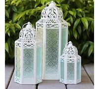 Set di 3 lanterne a candela marocchine per pavimenti, decorazioni in Ramadan, decorazione interna della casa, del patio o del portico all'aperto, matrimoni, bianco