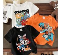 Set di 3 magliette a maniche corte basic per bambini, stile casual fashion creativo personalizzato, fresco minimalista carino kawaii con stampe grafiche di mostri cartoni animati colorati, dinosauro,
