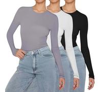 Set di 3 Magliette a Maniche Lunghe da Donna Basic, Top Donna a Girocollo Stretto, T-Shirt Slim Fit Casual Sportiva, Manica Lunga, Top in Cotone, Comodo Sweatshirt, Comfort Fit, Maglione a Manica