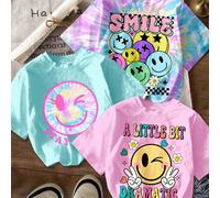 Set di 3 magliette alla moda con stampa personalizzata sul viso, colori brillanti blu, rosa e tie-dye, adatte per ragazze giovani, stile casual minimalista a maniche corte e collo tondo, adatte per tu