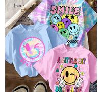 Set di 3 magliette alla moda con stampa personalizzata sul viso, colori brillanti blu, rosa e tie-dye, adatte per ragazze giovani, stile casual minimalista a maniche corte e collo tondo, adatte per tu