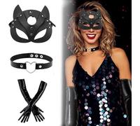 Set di 3 maschere da catwoman, da donna, per gatti, da donna, per feste in costumi, per cosplay, con 1 paio di guanti in pelle da donna, 1 paio di guanti da donna