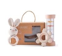 Set di 3 massaggiagengive per bambini 0 3 6 9 mesi - Set di 3 massaggiagengive con sonaglio all'uncinetto e giocattoli in legno, giocattoli Montessori giocattoli a partire da 0 a 12 mesi