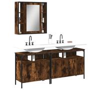 Set di 3 mobili da bagno in legno di rovere affumicato, con specchio e vano | Specchio con ripiano, struttura in acciaio verniciato a polvere, regolabile in altezza, supporto da parete per il fissaggio