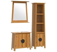 Set di 3 mobili da bagno in legno massello di pino con specchio e maniglie | legno di pino massiccio, venature dritte, rami, aspetto rustico, maniglie in metallo, ampio spazio di archiviazione