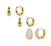 Set di 3 orecchini a cerchio in oro, piccoli orecchini a cerchio e borchie in oro massiccio, ipoallergenici, non si ossidano, set regalo delicato per donne, orecchini quotidiani per piercing alla
