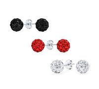 Set Di 3 Orecchini A Perno Rotondi In Cristallo Luccicante Pave Disco Ball Rossi Trasparenti, Neri In Argento Sterling .925 Da 8MM Per Donne Adolescenti