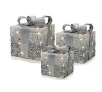 Set di 3 Pacchi Regalo Luminosi Bianco e Argento con LED Decorazione Natalizia Fiocco Silver per Albero di Natale Ornamento Bar Hotel ristorate