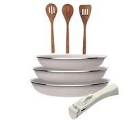 Set di 3 padelle San Ignacio Ø18Ø20Ø24cm alluminio pressato, antiaderente con manico rimovibile+Set 3pc utensili cucina legno acacia
