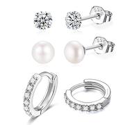 Set di 3 paia di orecchini a bottone e a cerchio in vero argento sterling 925 con perle d'acqua dolce, zirconia cubica, cerchi huggie, set di orecchini a triplo lobo, Argento sterling, Zirconia cubica