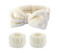 Set di 3 paia di polsini da donna impermeabili e assorbenti, in pile di corallo, con orecchie di coniglio, fascia per capelli (beige)