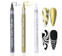 Set di 3 penne per nail art, punta fine ad asciugatura rapida, per manicure francese, dot & line art, penne acriliche per disegni e graffiti (nero, bianco, oro)