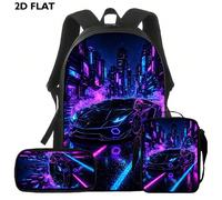 Set di 3 pezzi a tema auto sportiva con zaino, borsa a tracolla e astuccio - zaino scolastico di grande capacità, stampa piatta 2D, vista notturna di una città al neon. Materiale: Poliestere Ambiente: