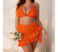 Set di 3 pezzi Bikini Plus Size Donna di colore arancione uniforme semplice con copertura per luso quotidiano estivo in spiaggia 0XL,1XL,2XL,3XL,4XLColore unicoTessuto in maglia