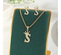 Set di 3 pezzi, collana con pendente a corona e lettera in rame e zirconia, orecchini decorati con lettere, set di gioielli, accessori da festa, regalo A,B,C,D,E,F,G,H,I,J,K,L,M,N,O,P,Q,R,S,T,U,V,W,X,