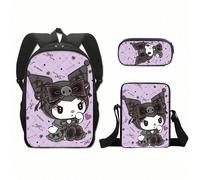Set di 3 pezzi composto da zaino, borsa pranzo e astuccio, con stampa 3D del personaggio Kuromi di Sanrio, adatto per scuola primaria, stile anime kawaii Fumetto,Grafico,LetterePoliestere