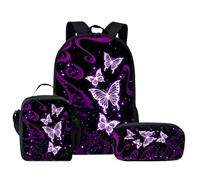 Set di 3 pezzi, con farfalla, per la scuola, per studenti, per bambini, set di 3 pezzi, zaino per il pranzo, astuccio alla moda, versatile, portatile, carino per foto, escursionismo (viola, 45)
