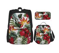 Set di 3 pezzi con zaino a ciambella rosa, borsa a tracolla regolabile con astuccio portapranzo, Fiore di ibisco, Taglia unica, Zaini Daypack