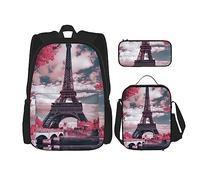 Set di 3 pezzi con zaino a ciambella rosa, borsa a tracolla regolabile con astuccio portapranzo, Paesaggio Torre Eiffel, Taglia unica, Zaini Daypack
